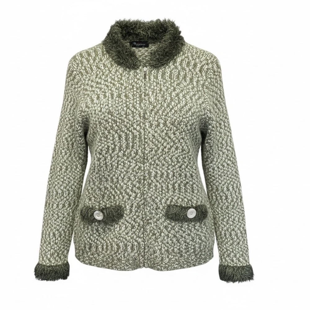 Rainbow Canada Marled Knit Green with Faux-Fur Trim Cardigan Size M